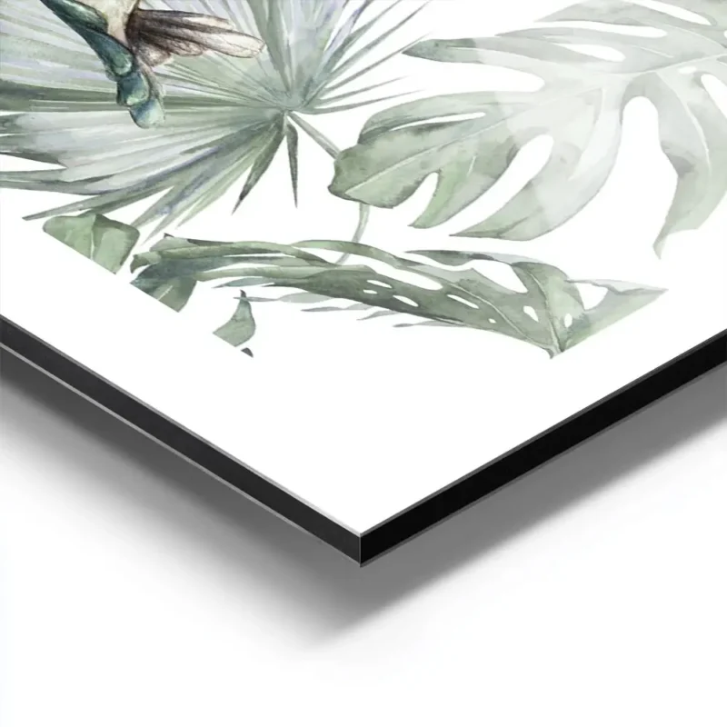 affiche de colibri turquoise et rose butinant des fleurs tropicales entoure de f aluminium.webp