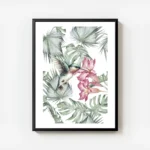 affiche de colibri turquoise et rose butinant des fleurs tropicales entoure de f avec cadre.webp