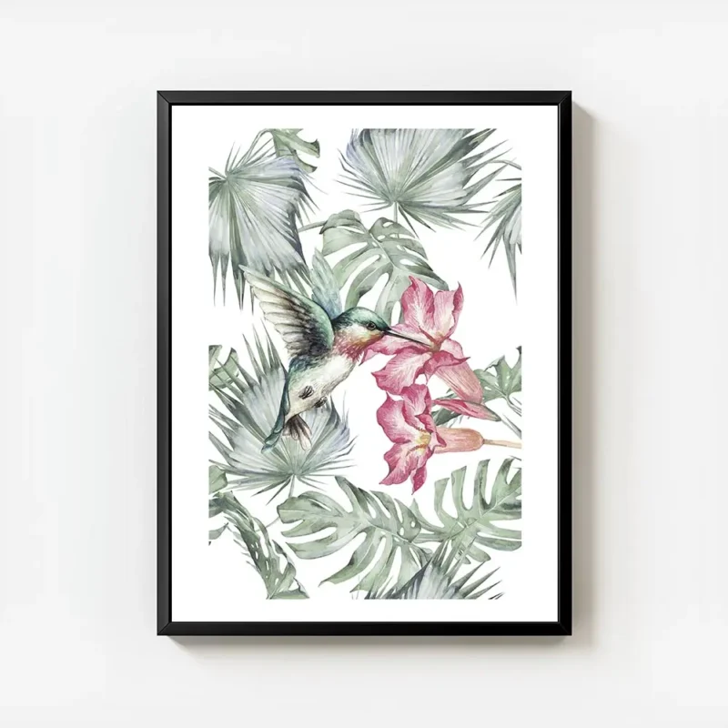 affiche de colibri turquoise et rose butinant des fleurs tropicales entoure de f avec cadre.webp