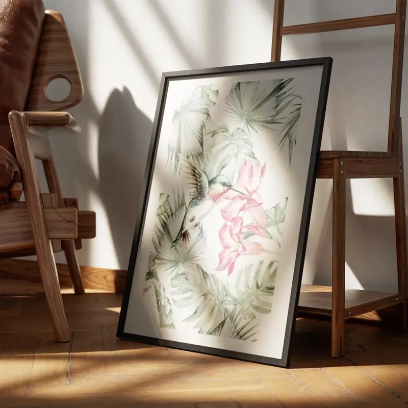 affiche de colibri turquoise et rose butinant des fleurs tropicales entoure de f encadre.webp