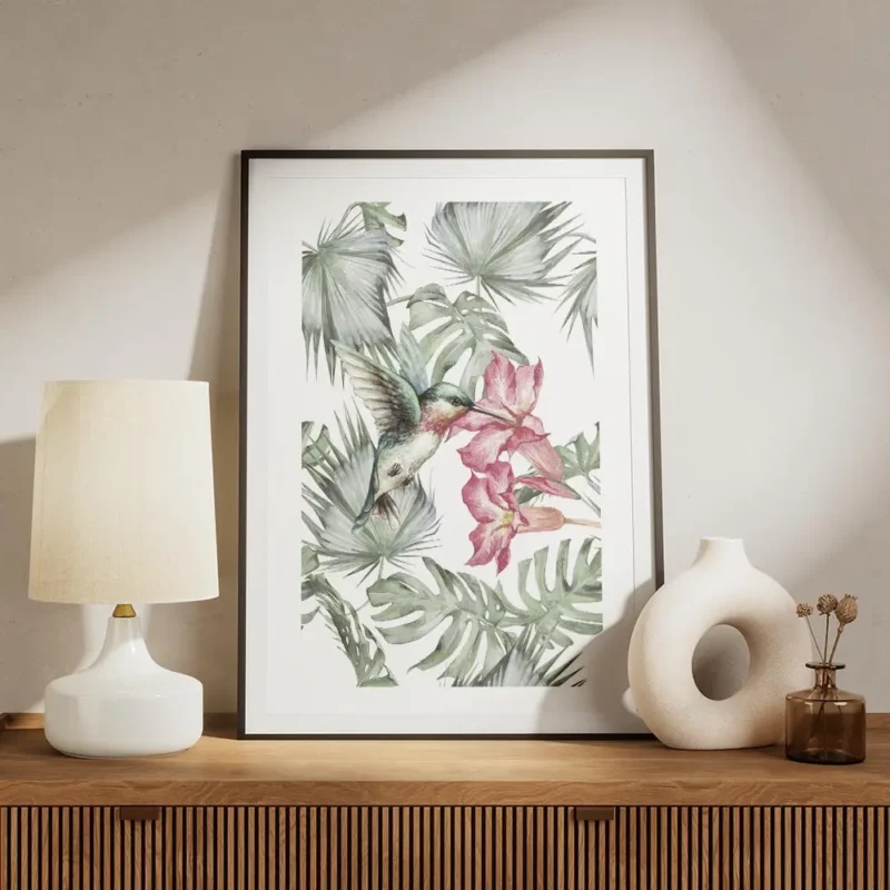 affiche de colibri turquoise et rose butinant des fleurs tropicales entoure de f meuble.webp