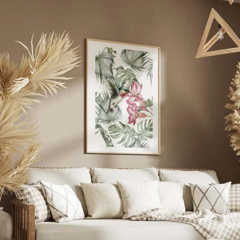 affiche de colibri turquoise et rose butinant des fleurs tropicales entoure de f salon.webp