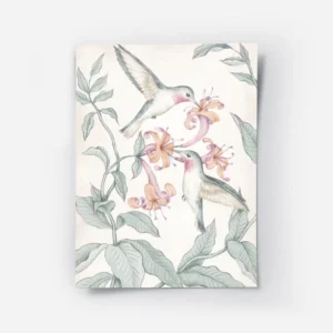 affiche de colibris illustres volant parmi des fleurs orange et des feuilles ver.webp