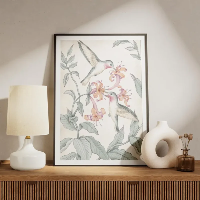 affiche de colibris illustres volant parmi des fleurs orange et des feuilles ver meuble.webp