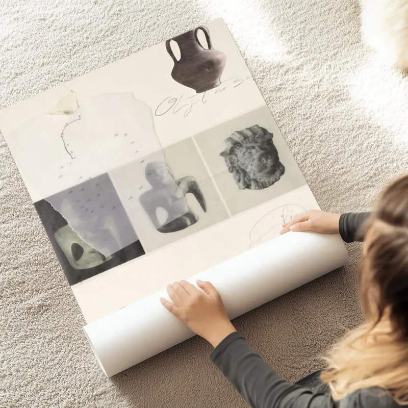 affiche de collage avec des images dartefacts anciens un vase une tete de lion e au sol.webp