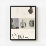 affiche de collage avec des images dartefacts anciens un vase une tete de lion e avec cadre.webp