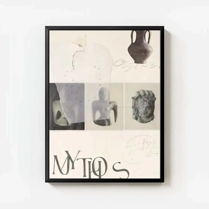 affiche de collage avec des images dartefacts anciens un vase une tete de lion e avec cadre.webp