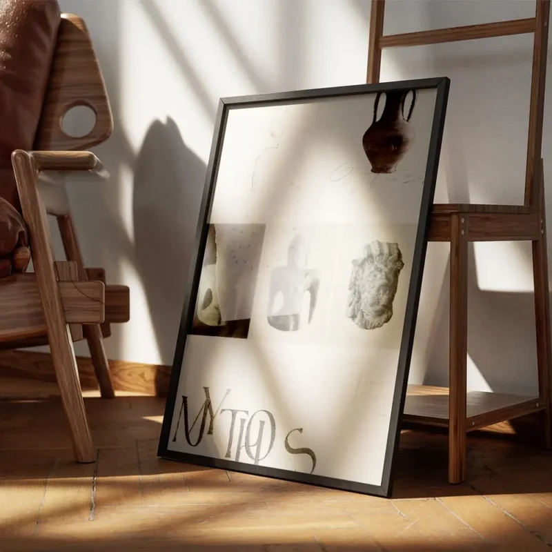 affiche de collage avec des images dartefacts anciens un vase une tete de lion e encadre.webp
