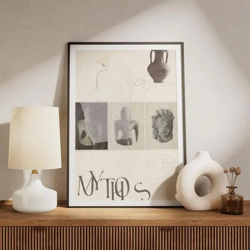 affiche de collage avec des images dartefacts anciens un vase une tete de lion e meuble.webp