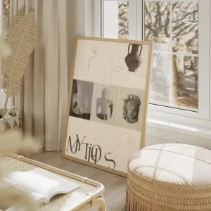 affiche de collage avec des images dartefacts anciens un vase une tete de lion e salon beige.webp