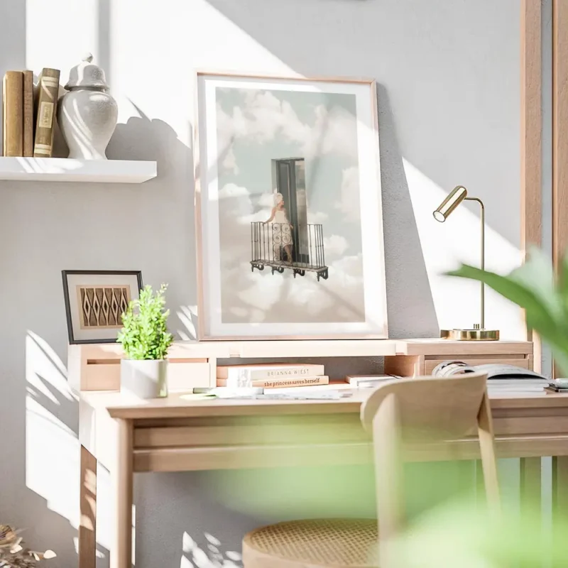 affiche de collage dun balcon flottant dans un ciel bleu clair avec nuages blanc bureau.webp