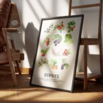 affiche de collection de baies avec des illustrations de myrtilles cerises frais encadre.webp