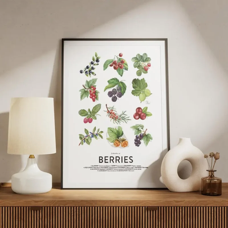 affiche de collection de baies avec des illustrations de myrtilles cerises frais meuble.webp