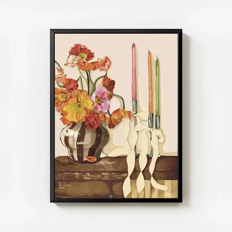 affiche de coquelicots colores dans un vase raye avec des bougies et rubans sur avec cadre.webp