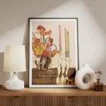 affiche de coquelicots colores dans un vase raye avec des bougies et rubans sur meuble.webp