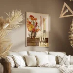 affiche de coquelicots colores dans un vase raye avec des bougies et rubans sur salon.webp