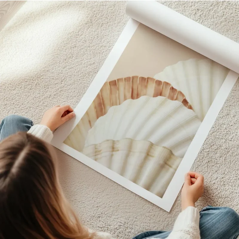 affiche de coquillages aux couleurs blanc orange et marron clair sur fond beige en rouleau.webp