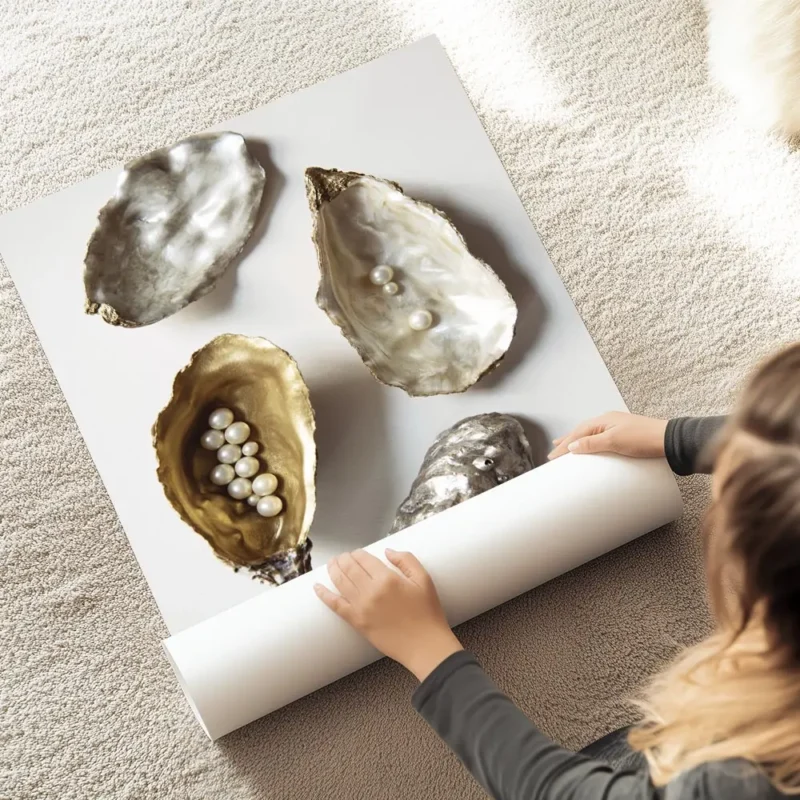 affiche de coquilles dhuitres dorees et argentees avec des perles blanches sur f au sol.webp