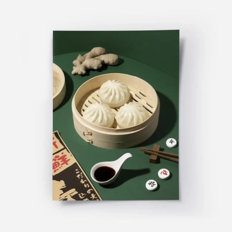 affiche de cuisine asiatique avec des baozi cuits a la vapeur dans un panier en .webp