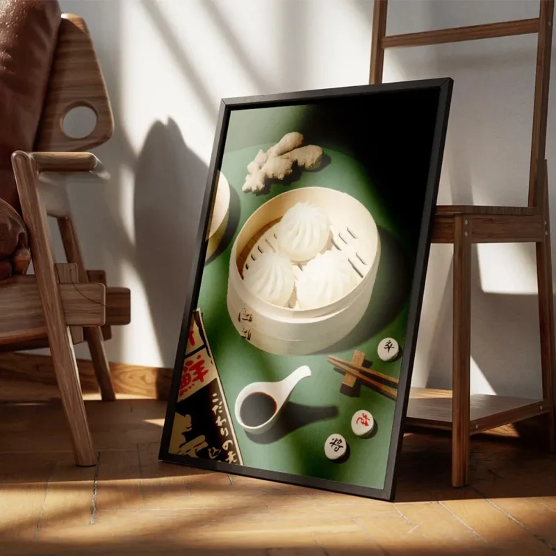 affiche de cuisine asiatique avec des baozi cuits a la vapeur dans un panier en encadre.webp