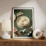 affiche de cuisine asiatique avec des baozi cuits a la vapeur dans un panier en meuble.webp