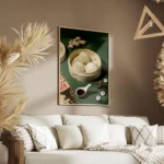 affiche de cuisine asiatique avec des baozi cuits a la vapeur dans un panier en salon.webp