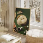 affiche de cuisine asiatique avec des baozi cuits a la vapeur dans un panier en salon beige.webp
