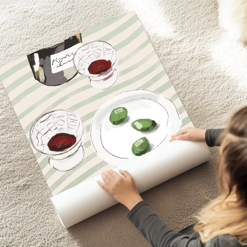 affiche de cuisine avec deux verres de vin rouge une bouteille et une assiette d au sol.webp