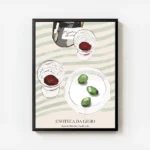affiche de cuisine avec deux verres de vin rouge une bouteille et une assiette d avec cadre.webp