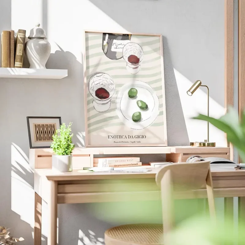 affiche de cuisine avec deux verres de vin rouge une bouteille et une assiette d bureau.webp