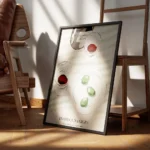 affiche de cuisine avec deux verres de vin rouge une bouteille et une assiette d encadre.webp