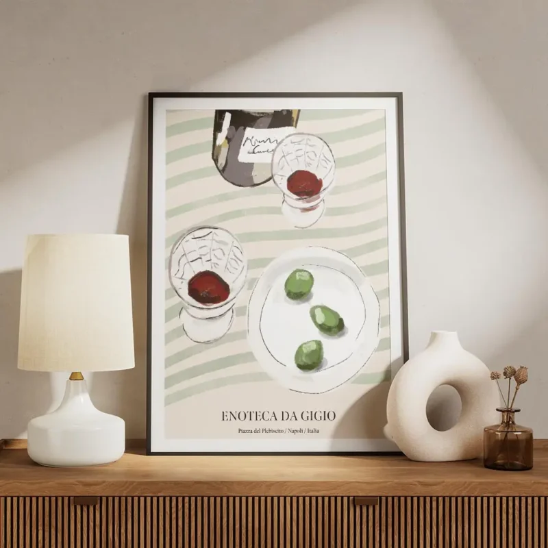 affiche de cuisine avec deux verres de vin rouge une bouteille et une assiette d meuble.webp