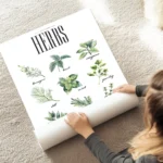 affiche de cuisine avec neuf illustrations dherbes aromatiques vertes dont le ba au sol.webp