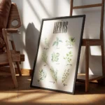 affiche de cuisine avec neuf illustrations dherbes aromatiques vertes dont le ba encadre.webp