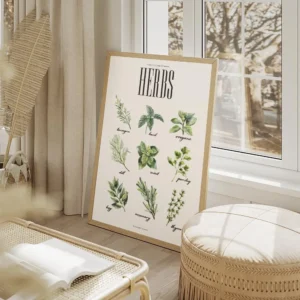 affiche de cuisine avec neuf illustrations dherbes aromatiques vertes dont le ba salon beige.webp