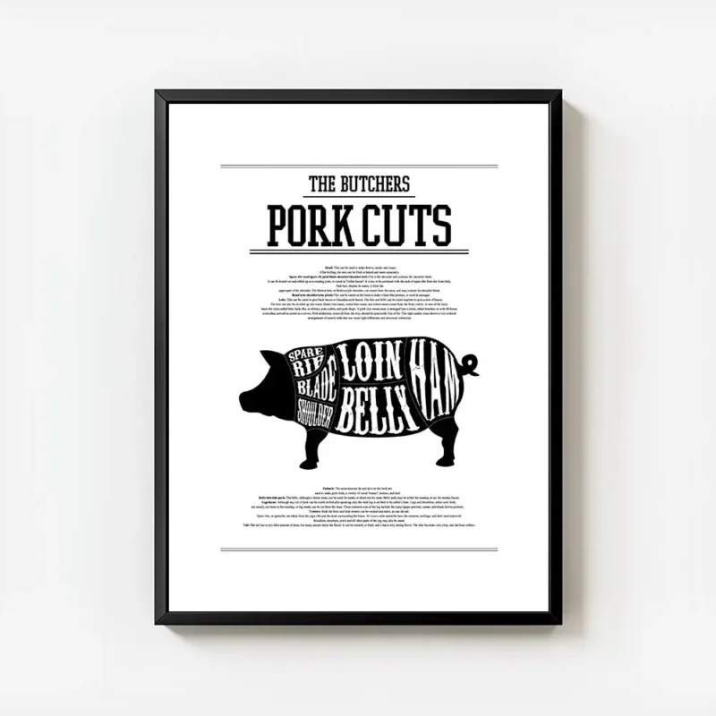 affiche de cuisine avec un schema de decoupe du porc et les noms des morceaux ty avec cadre.webp