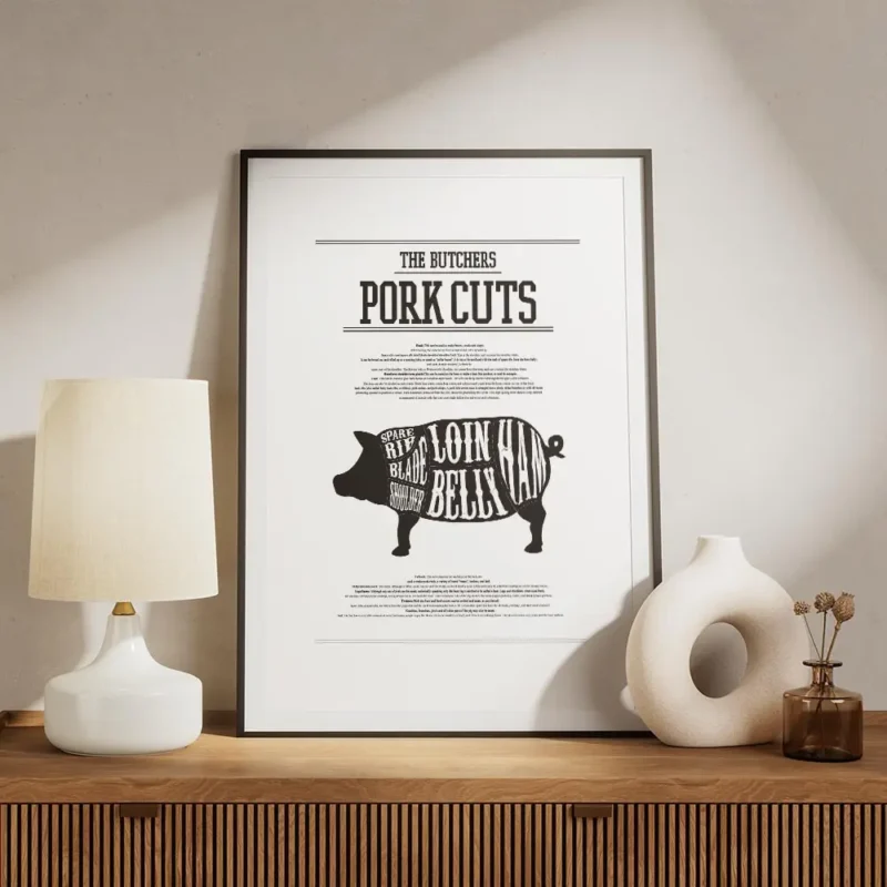 affiche de cuisine avec un schema de decoupe du porc et les noms des morceaux ty meuble.webp