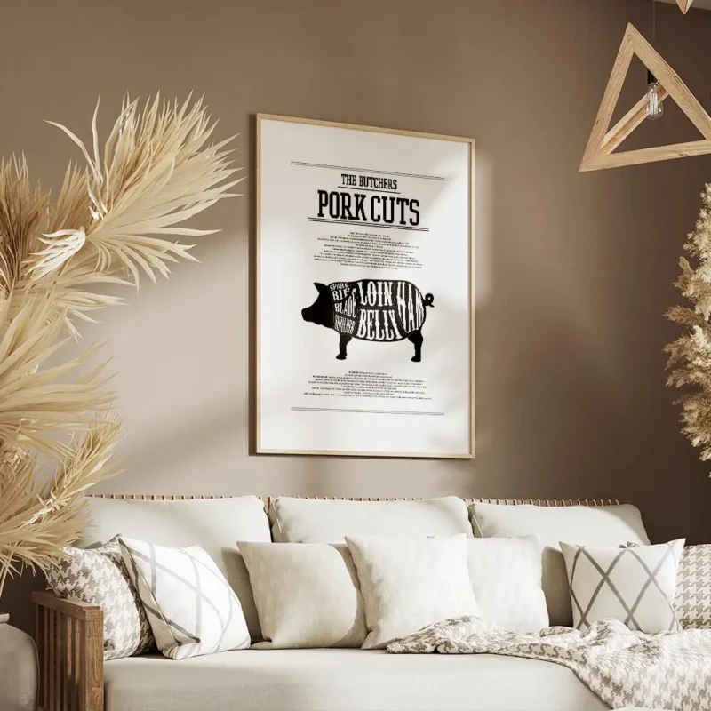 affiche de cuisine avec un schema de decoupe du porc et les noms des morceaux ty salon.webp