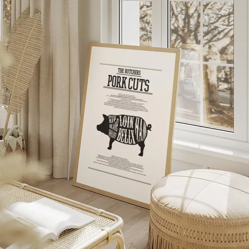 affiche de cuisine avec un schema de decoupe du porc et les noms des morceaux ty salon beige.webp
