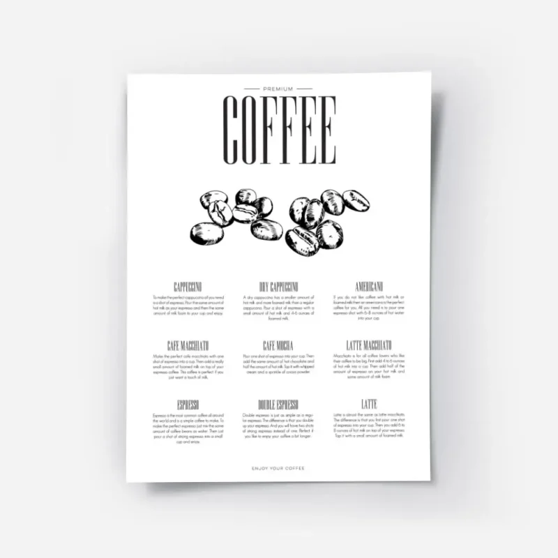 affiche de cuisine elegante avec typographie coffee et des grains de cafe detail.webp
