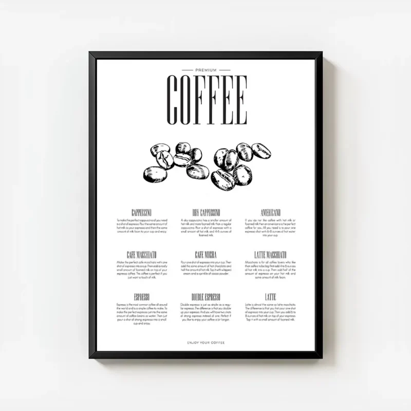 affiche de cuisine elegante avec typographie coffee et des grains de cafe detail avec cadre.webp