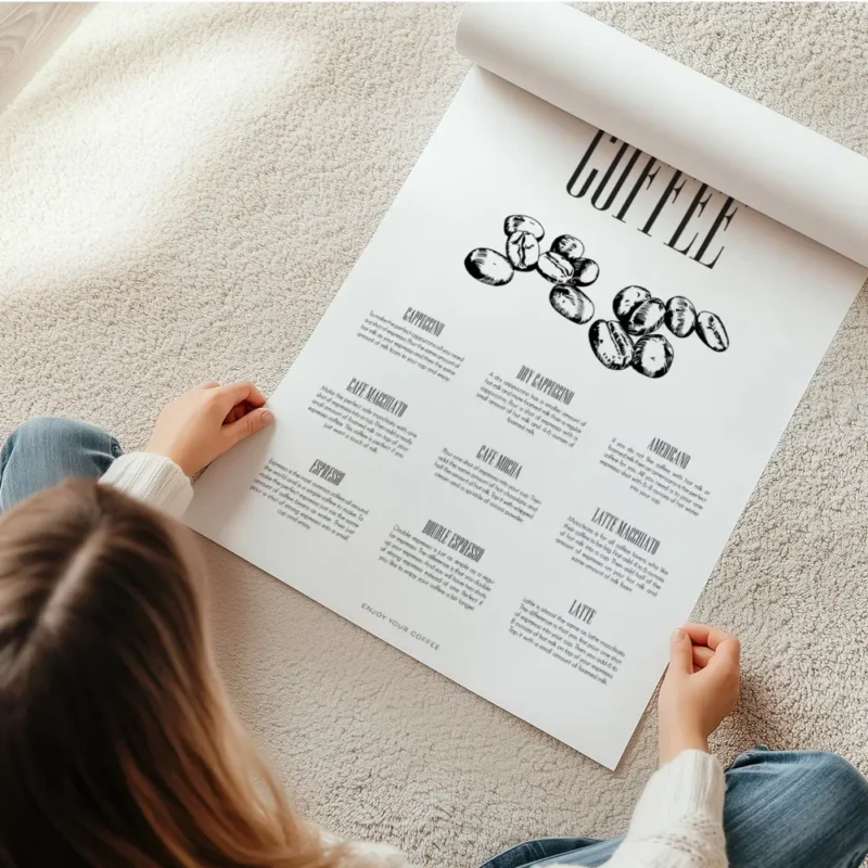 affiche de cuisine elegante avec typographie coffee et des grains de cafe detail en rouleau.webp