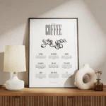 affiche de cuisine elegante avec typographie coffee et des grains de cafe detail meuble.webp