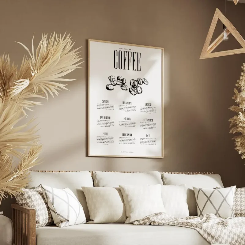 affiche de cuisine elegante avec typographie coffee et des grains de cafe detail salon.webp