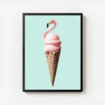 affiche de cuisine moderne avec une glace rose en forme de flamant rose sur un c avec cadre.webp