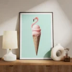 affiche de cuisine moderne avec une glace rose en forme de flamant rose sur un c meuble.webp
