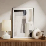affiche de dan hobday formes abstraites beiges et noires superposition de couleu meuble.webp