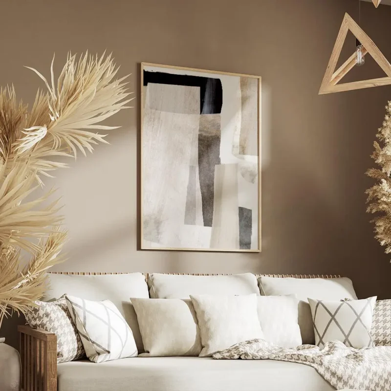 affiche de dan hobday formes abstraites beiges et noires superposition de couleu salon.webp