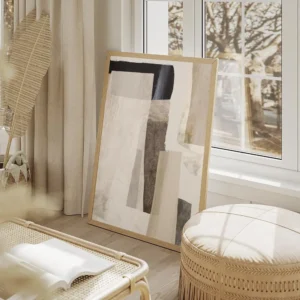 affiche de dan hobday formes abstraites beiges et noires superposition de couleu salon beige.webp