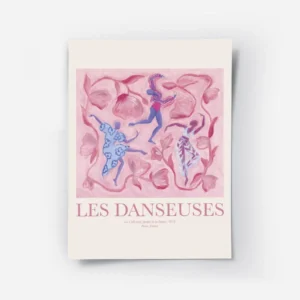 affiche de danseuses abstraites aux couleurs vibrantes sur fond floral rose.webp
